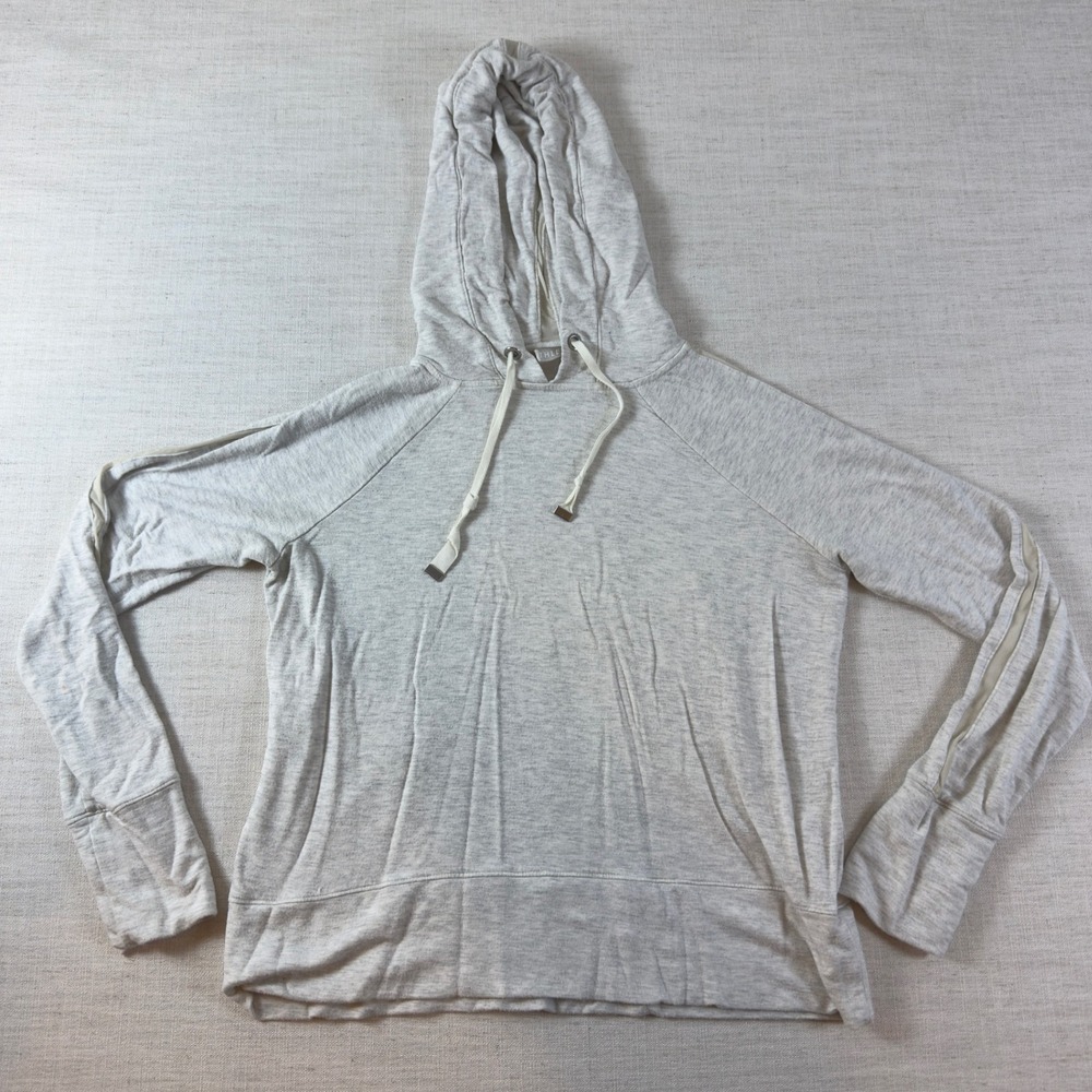 Athleta Gray Heather Mesh Stripe Raglan Hoodie Sweatshirt Thumbholes Small